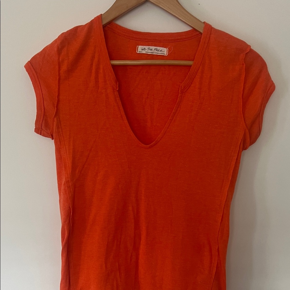 We The Free Bright Orange Deep V Cap Sleeve Tee